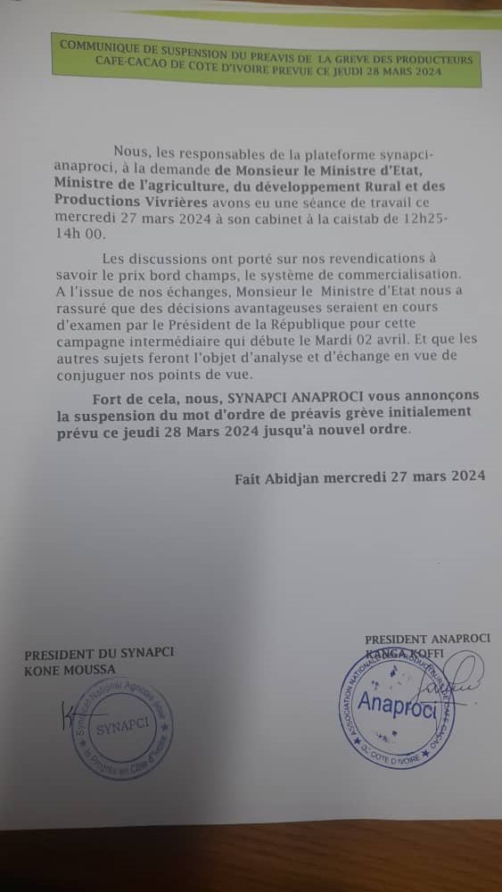 Filière Café-caco : Le Synapci et l’Anaproci suspendent leur mot d’ordre de grève 2 greve 2