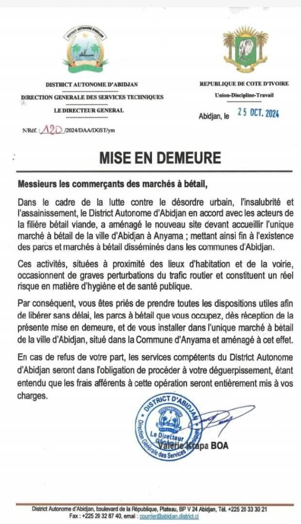 Les commerçants de bétail d'Adjamé face à l'incertitude : Un cri de détresse pour la survie de leur activité 3 photo mise en demeure