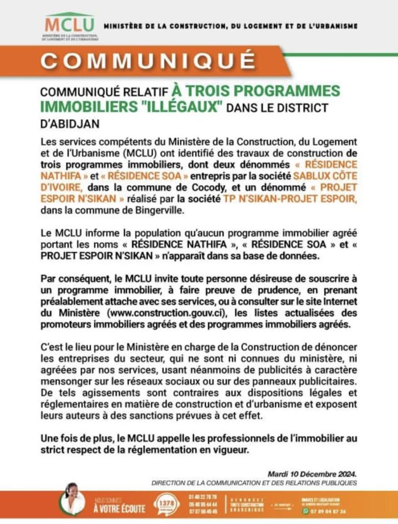 Alerte sur les programmes immobiliers illégaux à Abidjan : La mise en garde sévère du MCLU 2 photo mise en garde