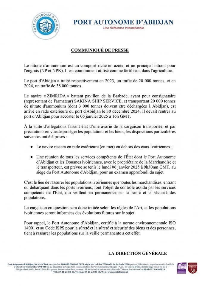 Affaire du navire transportant 20.000 tonnes de nitrate d’ammonium : Des inquiétudes et réactions à Abidjan 2 communique PAA