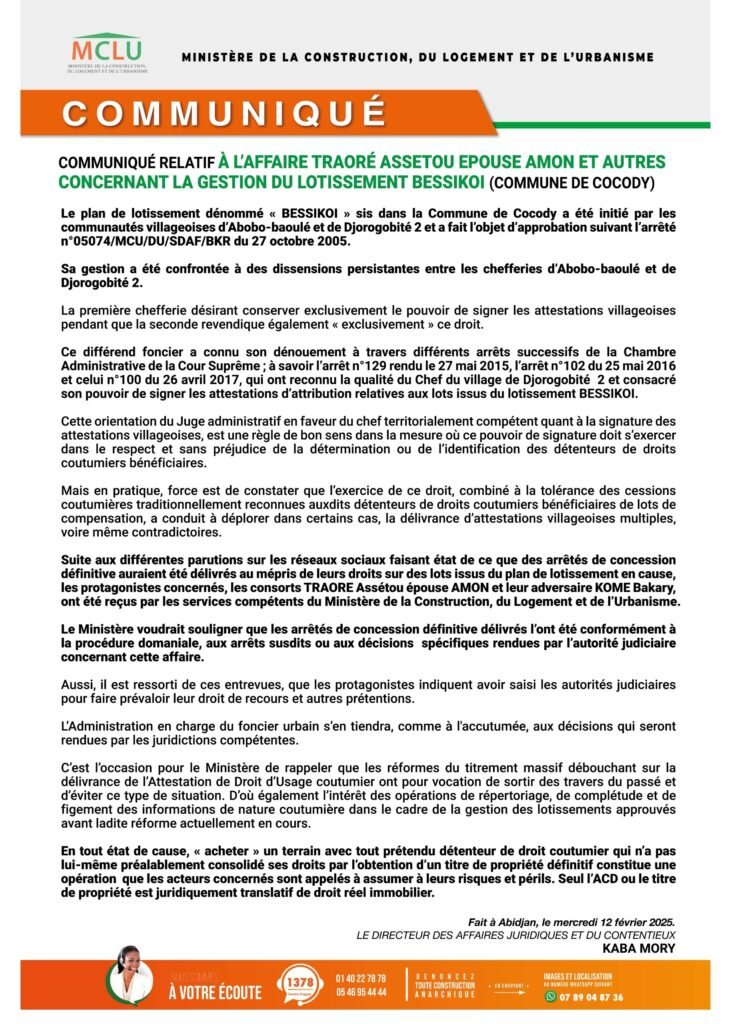 Gestion du lotissement dénommé « BESSIKOl » : Les éclaircissements sur l'affaire Traoré Assétou épouse Amon 2 Communique Mclu