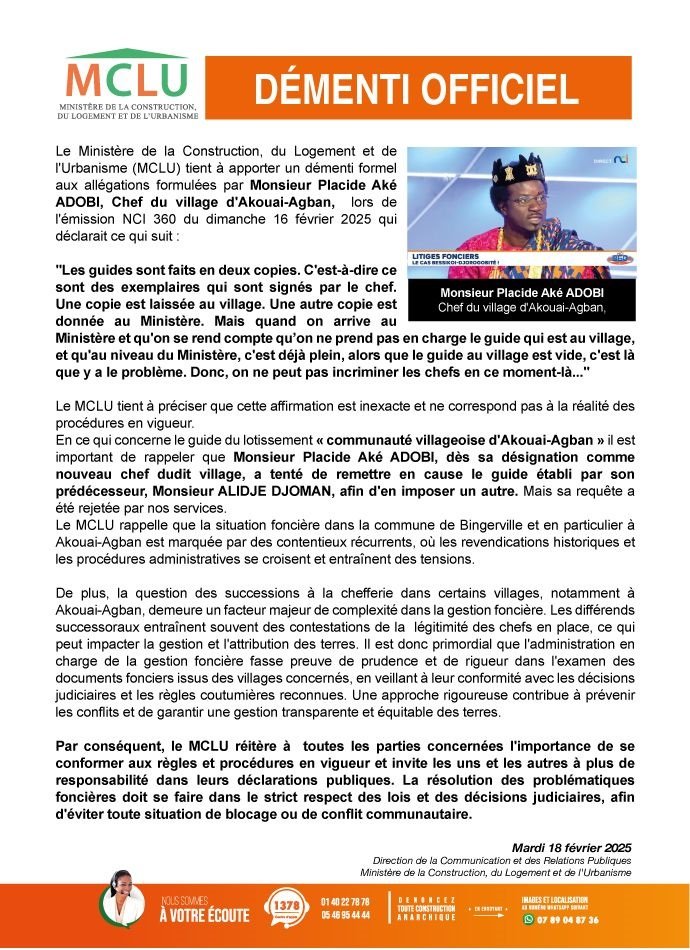 Suite aux allégations du chef du village d'Akouai-Agban, lors de l'émission NCI 360 : Le ministère de la Construction, du logement et de l'urbanisme fait un démenti 2 Declaration