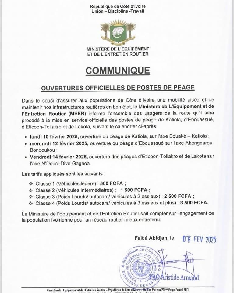 Révision des tarifs de péage aux postes d'Attinguié et de Singrobo : Voici les nouveaux tarifs à partir du 10 février 3 P2AGE 2