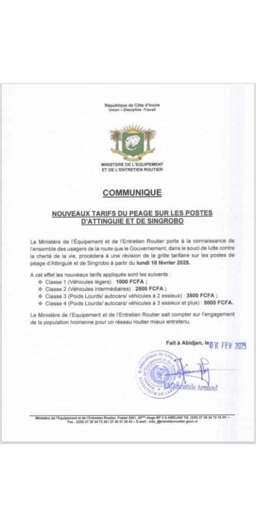Révision des tarifs de péage aux postes d'Attinguié et de Singrobo : Voici les nouveaux tarifs à partir du 10 février 2 peage 1 1