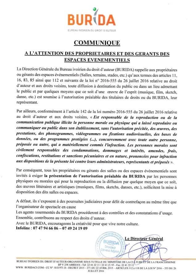 Droit d'auteur: Le BURIDA rappelle à l’ordre les propriétaires et gérants des espaces événementiels 2 communique Burida