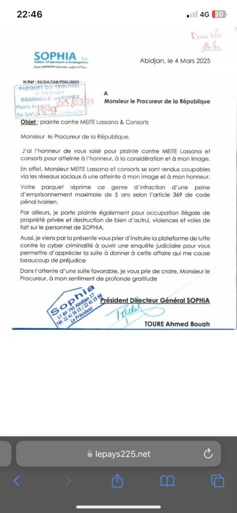 Lotissements illégaux : Touré Ahmed Bouah saisit la justice 2 photo Sophia SA