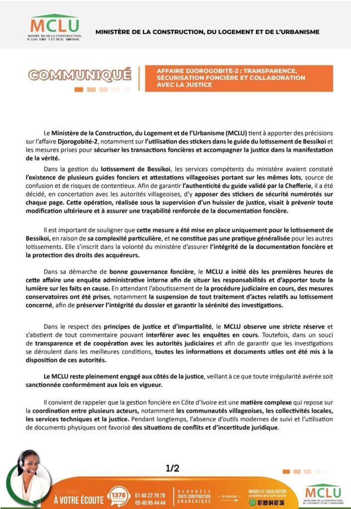Affaire Djorogobité-2 : Le MCLU assure une gestion transparente et une sécurisation renforcée 2 photo ministere