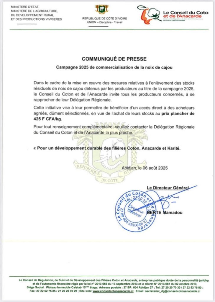 Soutien aux producteurs de cajou : le Conseil du coton et de l’anacarde fixe un prix plancher pour la campagne 2025 2 photo communique