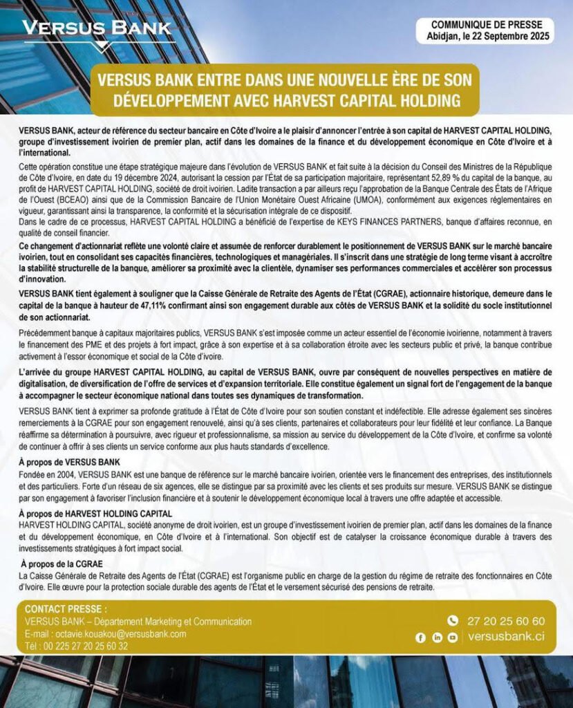 VERSUS BANK : Une nouvelle ère de développement avec Harvest Capital Holding 2 photo VERSUS BANK