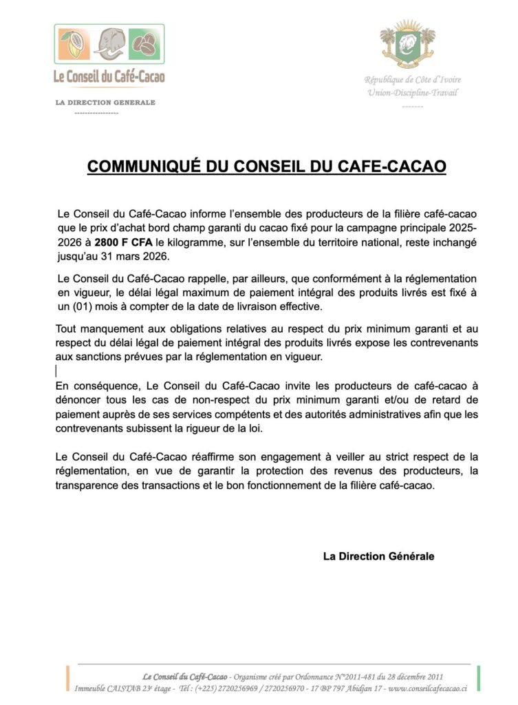 Stabilité du cacao : le prix d’achat bord champ fixé à 2 800 FCFA/kg jusqu’au 31 mars 2026 2 communique Conseil Cafe cafe