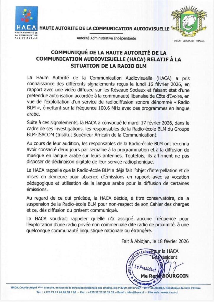Côte d’Ivoire : la HACA suspend la Radio-école BLM pour non-respect de son cahier des charges 3 photo suspension 1