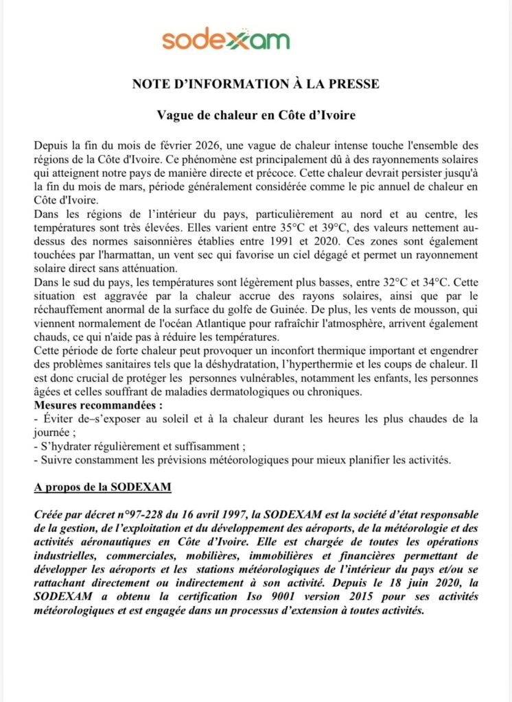 Vague de chaleur en Côte d’Ivoire : la SODEXAM alerte sur des températures élevées jusqu’à fin mars 2 communique chaleur