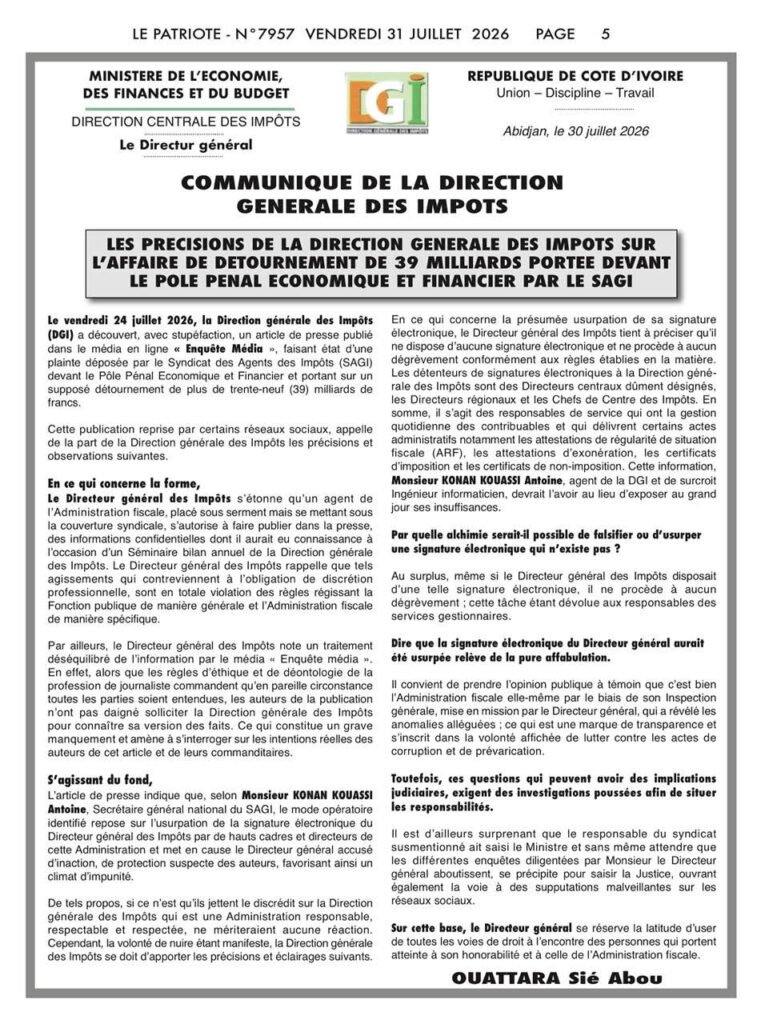 Affaire des 39 milliards FCFA : la DGI réfute les accusations et clarifie la gestion des signatures électroniques 2 photo Dgi 7