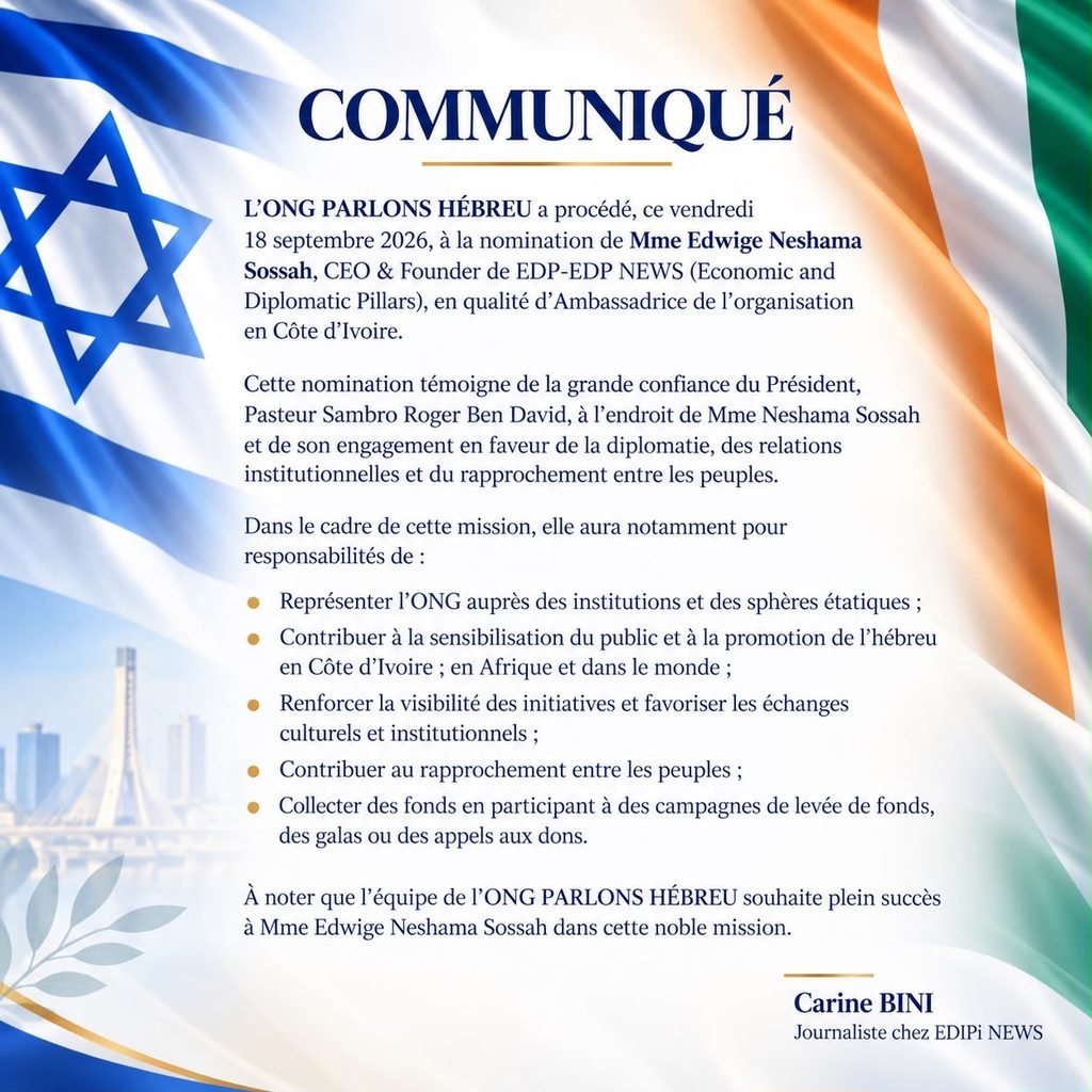 Diplomatie économique et culturelle : Les enjeux de la nomination d’Edwige Neshama Sossah à la tête de l’ONG « Parlons Hébreu » en Côte d’Ivoire 2 photo Heubreu 2